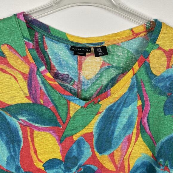 Tahari Linen Top Size 1X Vibrant Multicolored Tropical Beachy Hawaiian Vacation - Picture 4 of 6